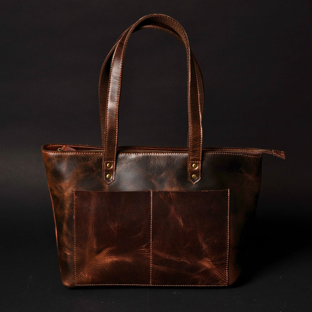 Classic Brown Leather Tote Bag - Www.Shopthatapp.ca
