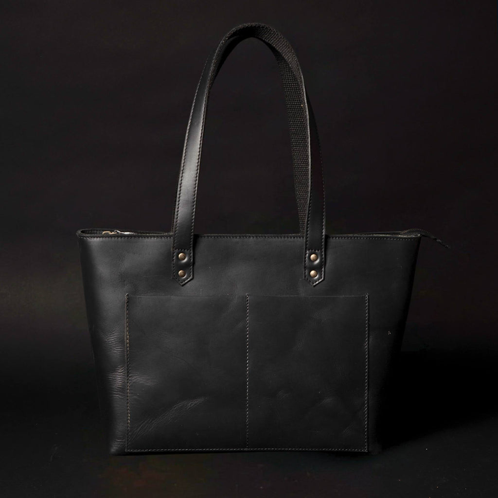 Classic Black Leather Tote Bag - Www.Shopthatapp.ca