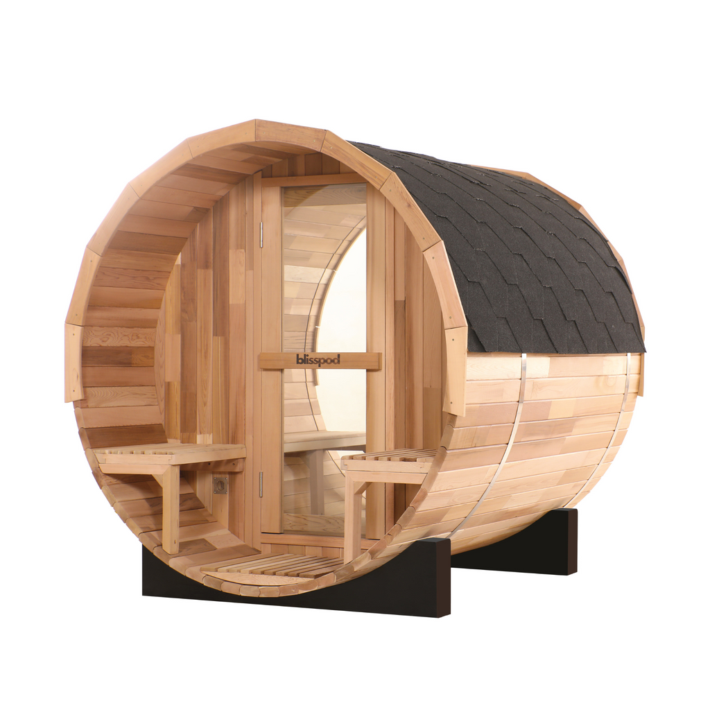 Blisspod | Prague | Canadian Red Cedar Outdoor Steam Barell Sauna, 2-4 / 4-6 persons with Full Glass Back & 2 front Porch seats - Www.Shopthatapp.ca