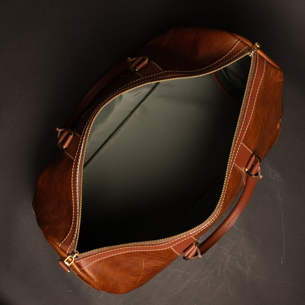 The Shield Duffle- Cognac Full-Grain Leather Duffle Bag Made in Canada - Www.Shopthatapp.ca