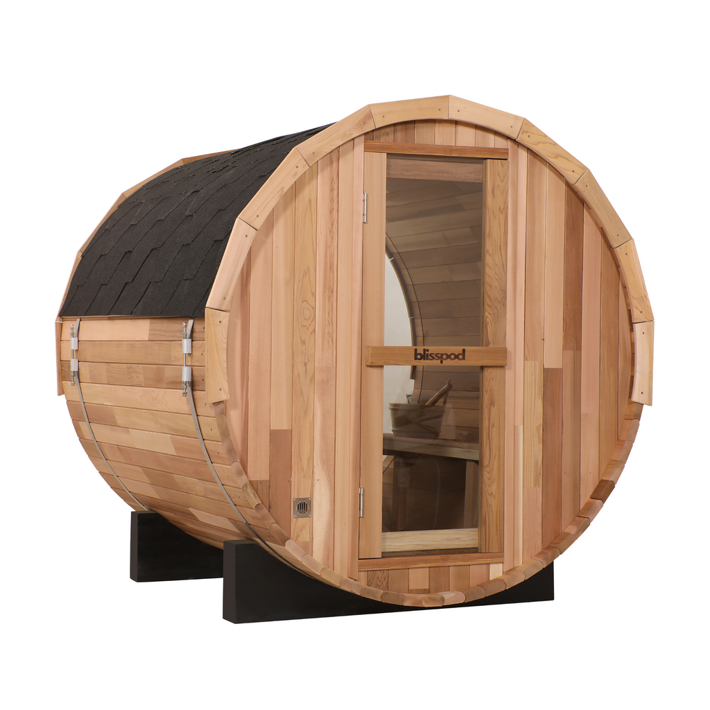 Blisspod | Prague | Canadian Red Cedar Outdoor Steam Barell Sauna | Full Glass Back | 70.87"H x 70.87"W x 70.87"D | 4-6 person - Www.Shopthatapp.ca