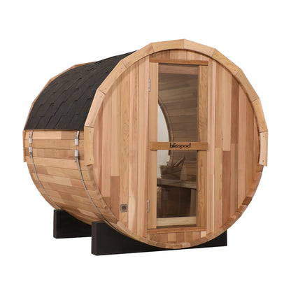 Zoppinh Blisspod Prague outdoor cedar sauna with full glass back, designed for 4-6 persons, featuring natural red cedar wood.