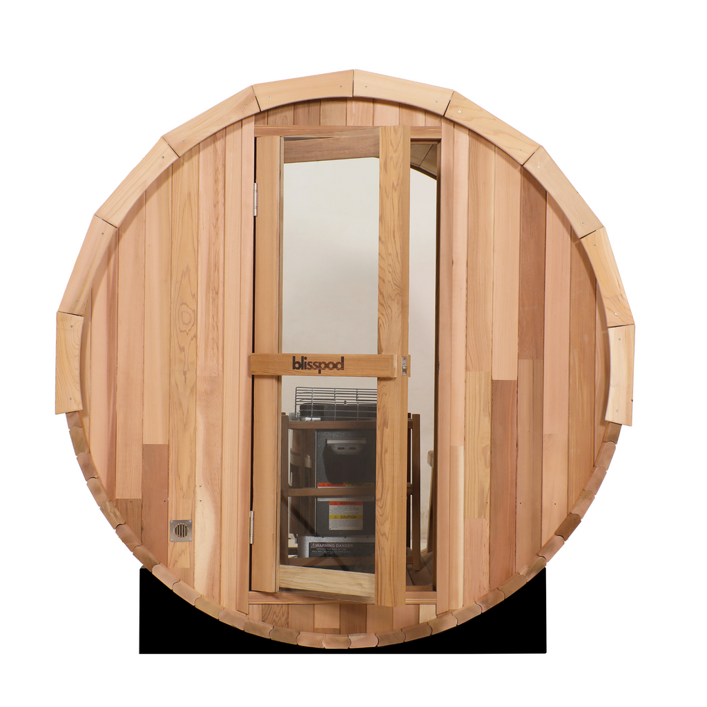 Blisspod | Prague | Canadian Red Cedar Outdoor Steam Barell Sauna | Full Glass Back | 70.87"H x 70.87"W x 70.87"D | 4-6 person - Www.Shopthatapp.ca