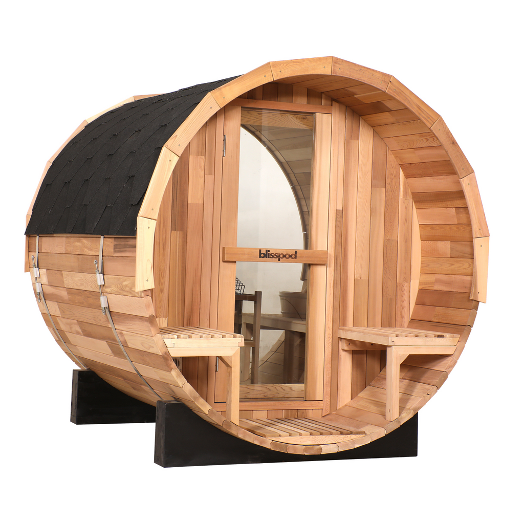 Blisspod | Prague | Canadian Red Cedar Outdoor Steam Barell Sauna, 2-4 / 4-6 persons with Full Glass Back & 2 front Porch seats - Www.Shopthatapp.ca