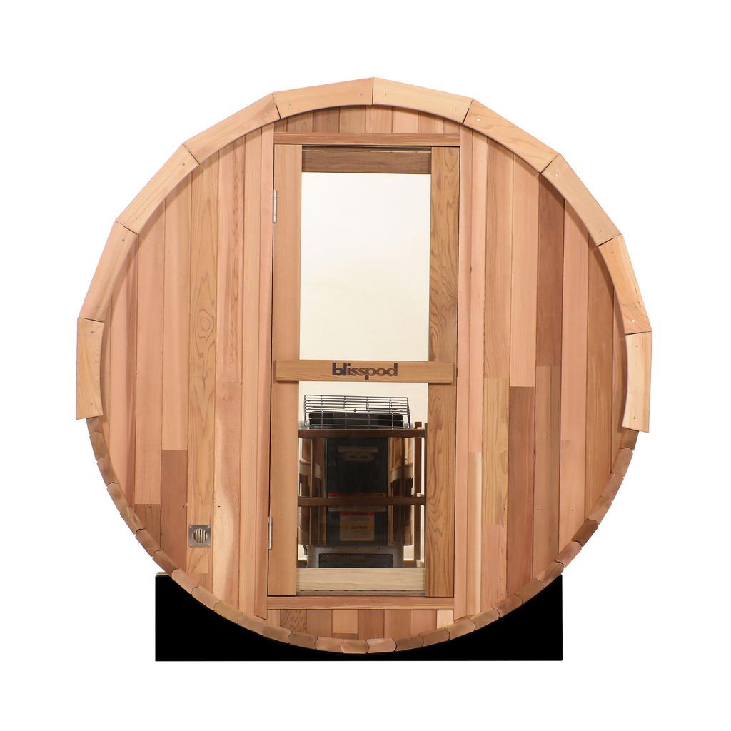 Blisspod | Prague | Canadian Red Cedar Outdoor Steam Barell Sauna | Full Glass Back | 70.87"H x 70.87"W x 70.87"D | 4-6 person - Www.Shopthatapp.ca