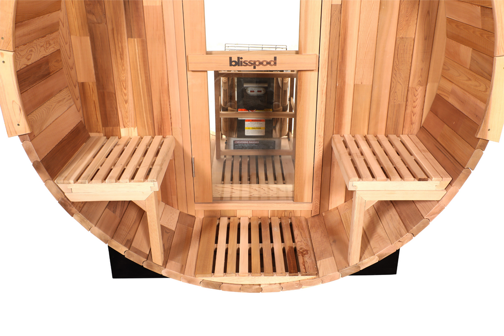 Blisspod | Prague | Canadian Red Cedar Outdoor Steam Barell Sauna, 2-4 / 4-6 persons with Full Glass Back & 2 front Porch seats - Www.Shopthatapp.ca