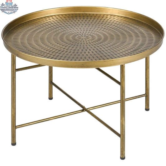 Dessie 24-inch vintage gold coffee table with metal frame and hammered tray top from SLOTH Nation furniture collection.