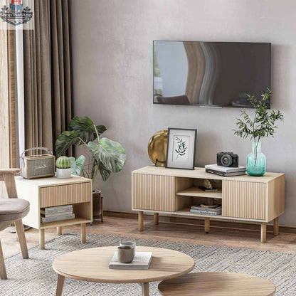 Modern natural wood bedside table with drawer and open shelf, bedroom furniture by SLOTH Nation