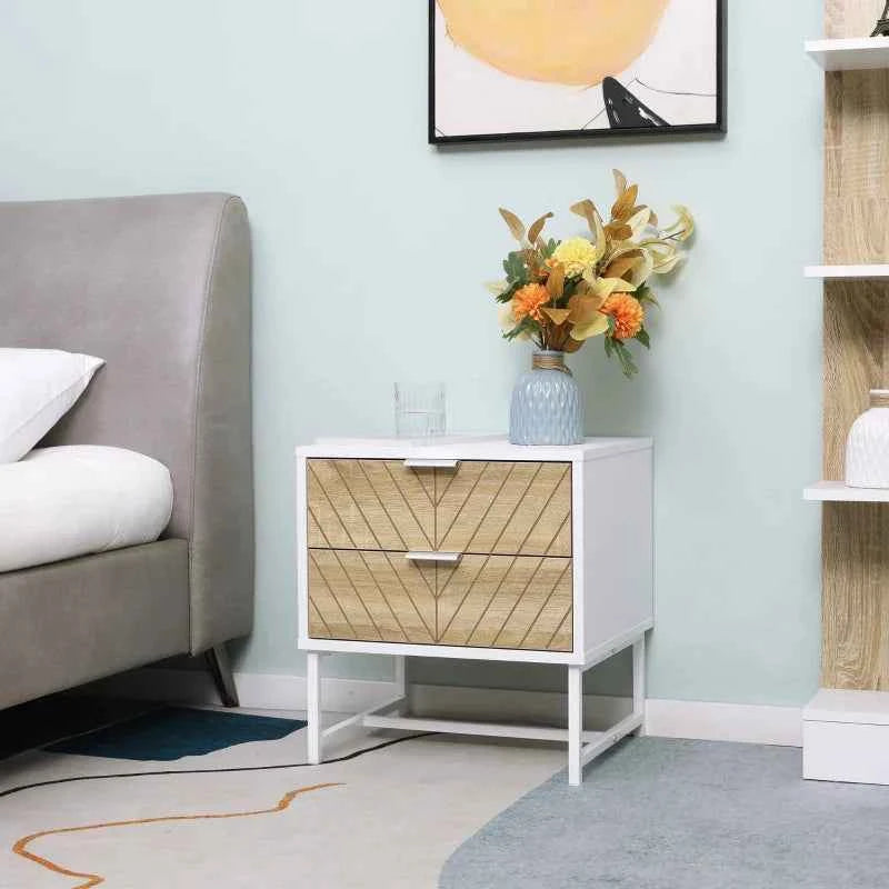 Emery Modern Bedside Table with 2 Drawers and Steel Legs-White/Oak