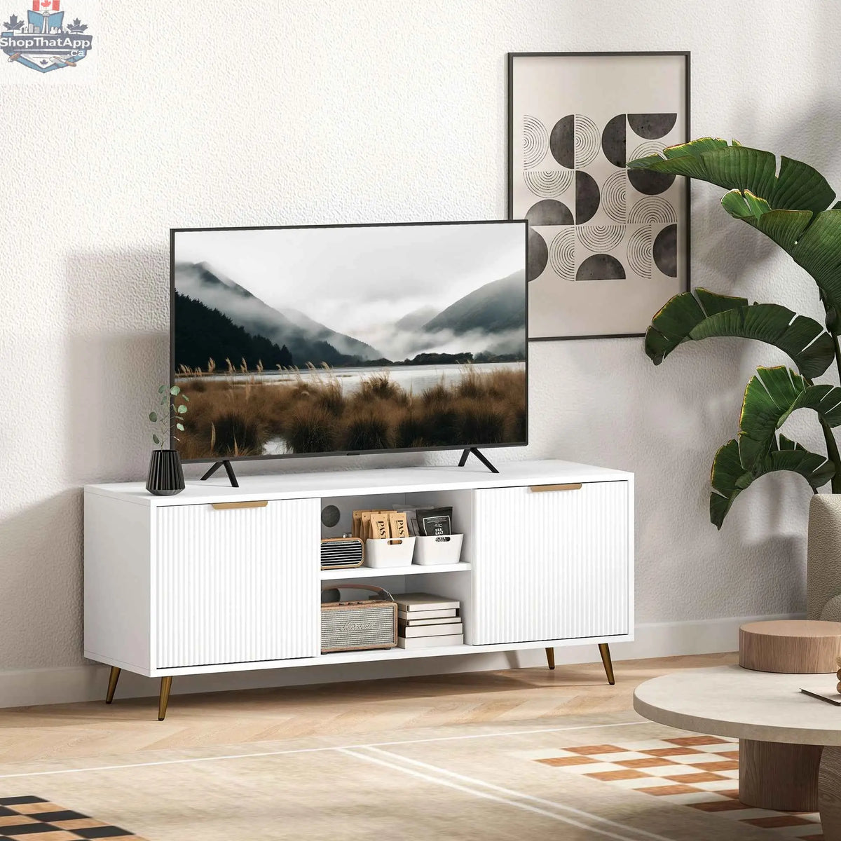 White Collins modern TV stand by SLOTH Nation for up to 55-inch TVs, sleek and functional living room furniture piece.