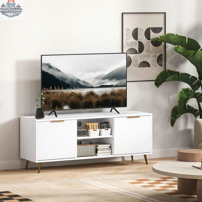 White Collins modern TV stand by SLOTH Nation for up to 55-inch TVs, sleek and functional living room furniture piece.