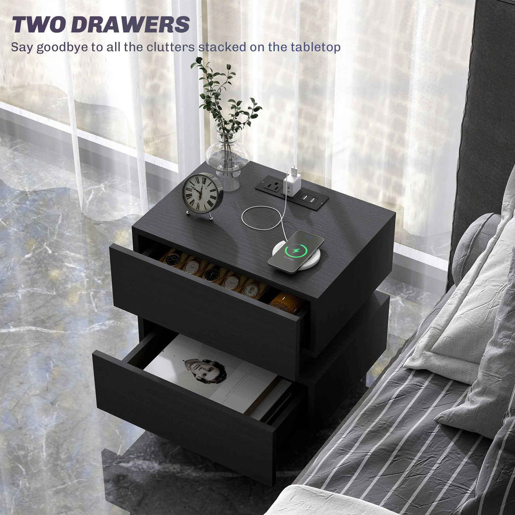 Emma Bedside Table with Charging Station, USB Ports and LED Light-Black