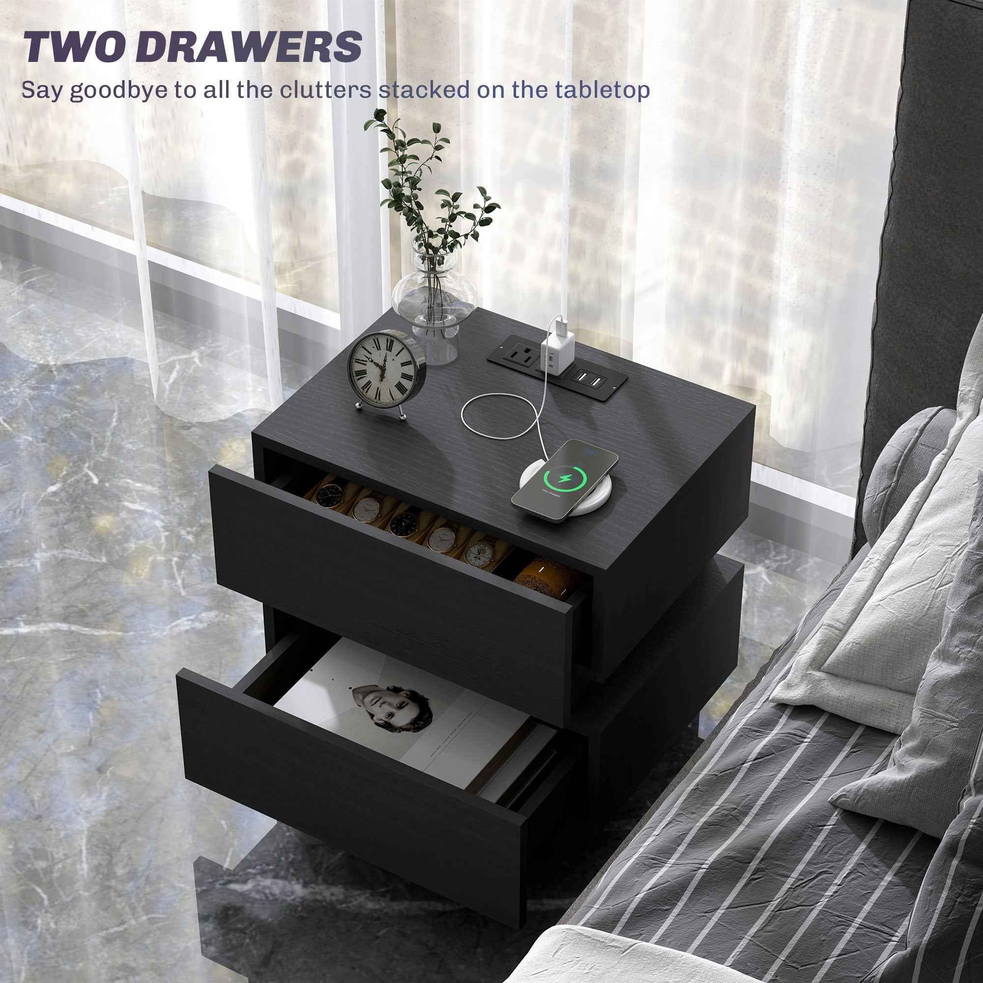 Emma Bedside Table with Charging Station, USB Ports and LED Light-Black