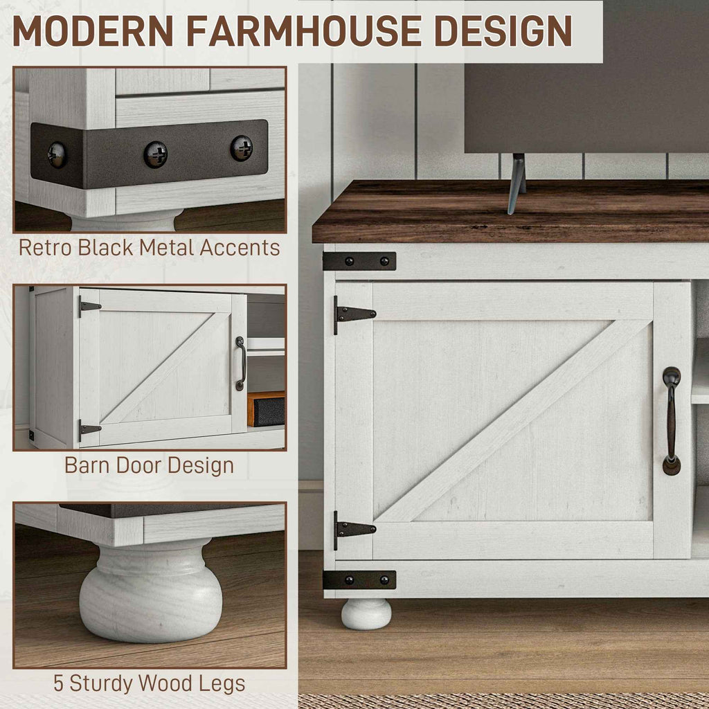 Kirby Farmhouse TV Stand with Small Minimalist Barn Doors for TVs up to 65"-Distressed White