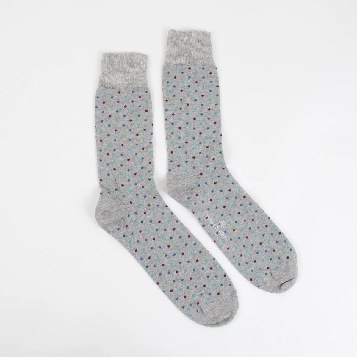 Grey Matter Dots socks by Velvet and White featuring a stylish grey dotted pattern on soft, comfortable fabric.