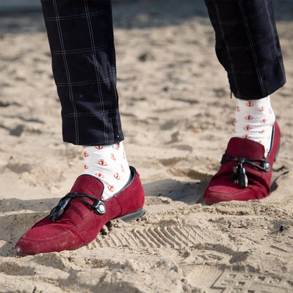 Off-white socks by Velvet and White, Anchors Away design, featuring nautical anchor patterns on comfortable, casual socks.