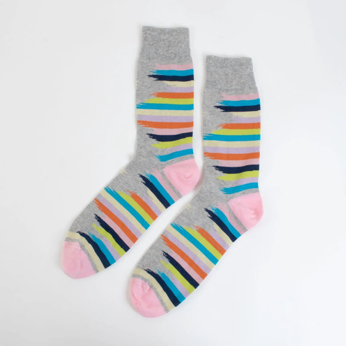 Grey grunge striped socks by Velvet and White, featuring a casual, textured design with bold stripe patterns.
