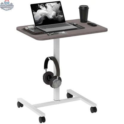 Grey Eden height adjustable office desk with wheels and headphone hook by SLOTH Nation, showcasing the modern workspace furniture.