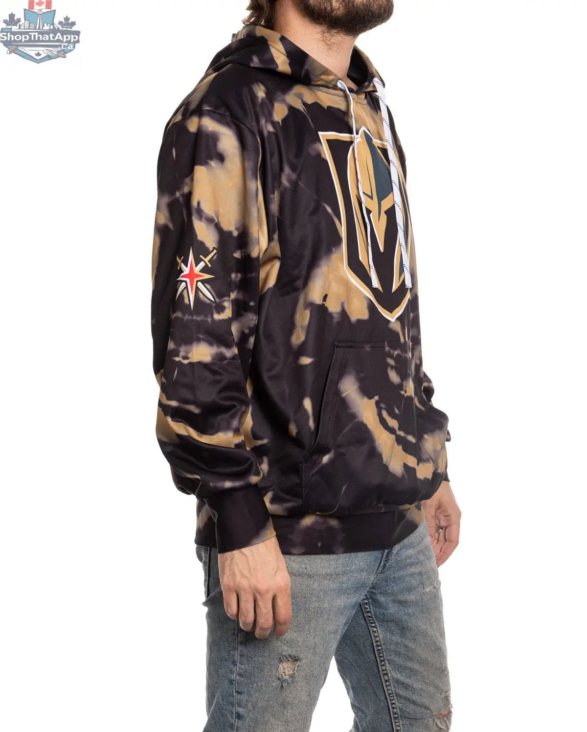 Vegas Golden Knights hoodie by Calhoun Surf N' Skate with vibrant sublimation design, showing the side view of the fan gear.