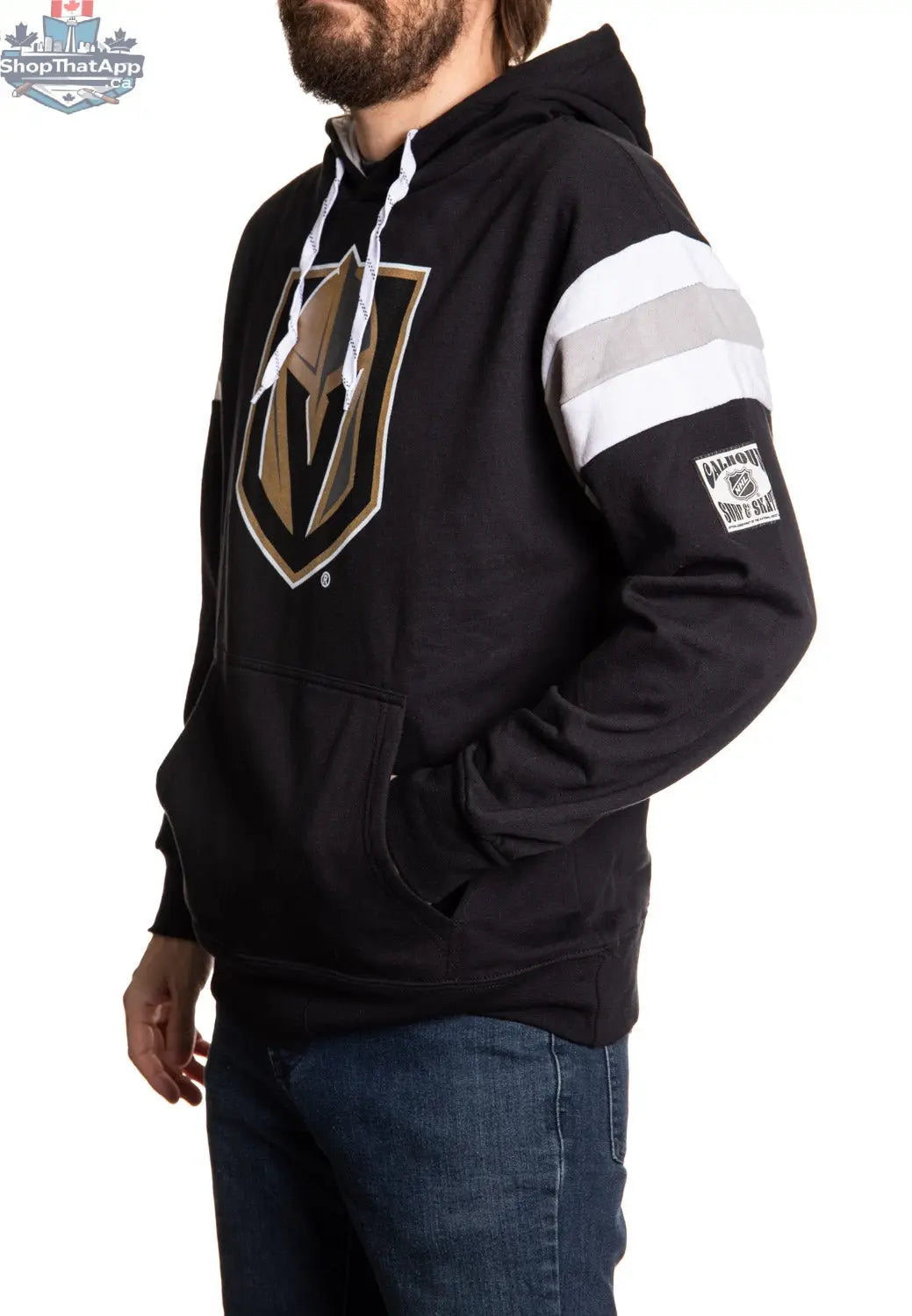 Vegas Golden Knights hoodie in retro varsity style, featuring team logo and classic NHL design, by Calhoun Surf N' Skate.