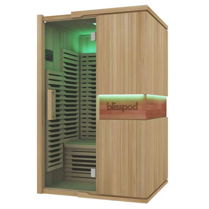 Zoppinh Blisspod Milano two-person sauna with Canadian Hemlock wood, full spectrum infrared heaters, red glass heater, and chromotherapy.