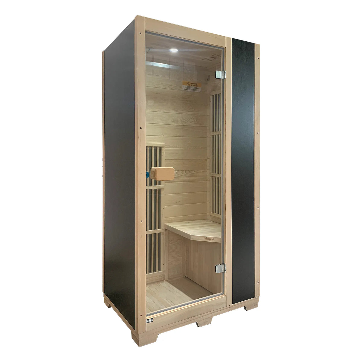 Zoppinh Blisspod Vienna infrared sauna for one made of Canadian Hemlock, with low EMF, shown with open door and interior panels.