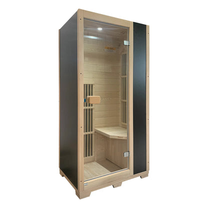 Zoppinh Blisspod Vienna infrared sauna for one made of Canadian Hemlock, with low EMF, shown with open door and interior panels.