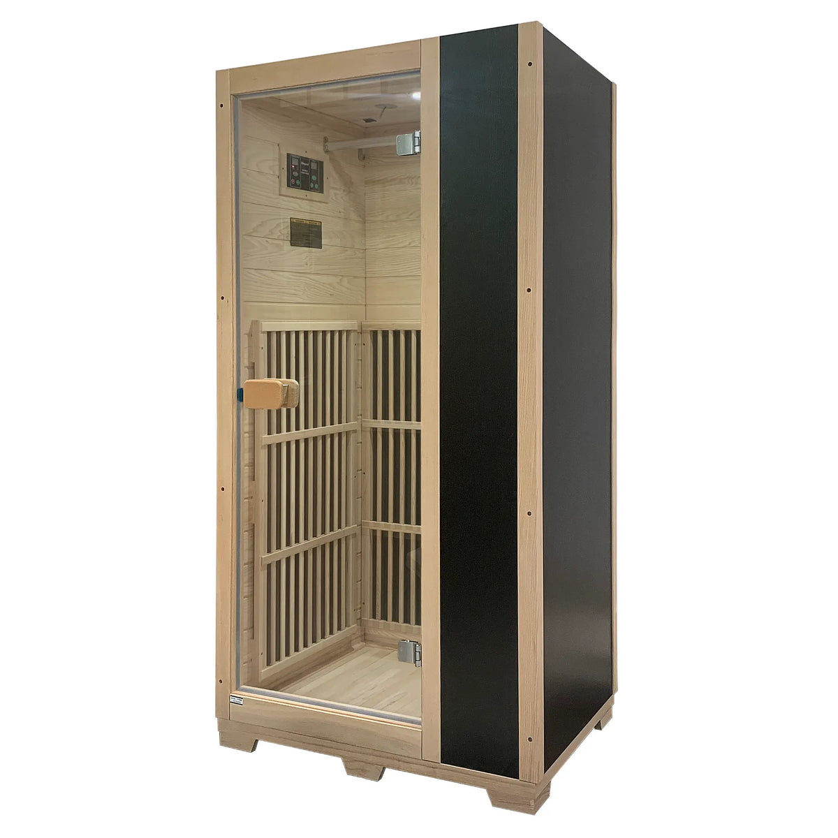 Zoppinh Blisspod Vienna Far Infrared Sauna for One made of Canadian Hemlock, with low EMF, shown in a spacious interior.