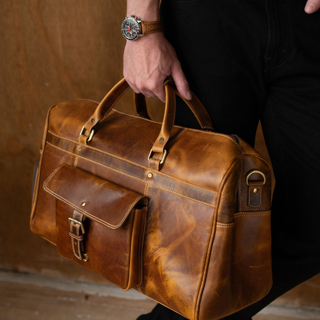 The Voyager Duffle - Cognac Full-Grain Distressed Leather Duffle Bag - Www.Shopthatapp.ca