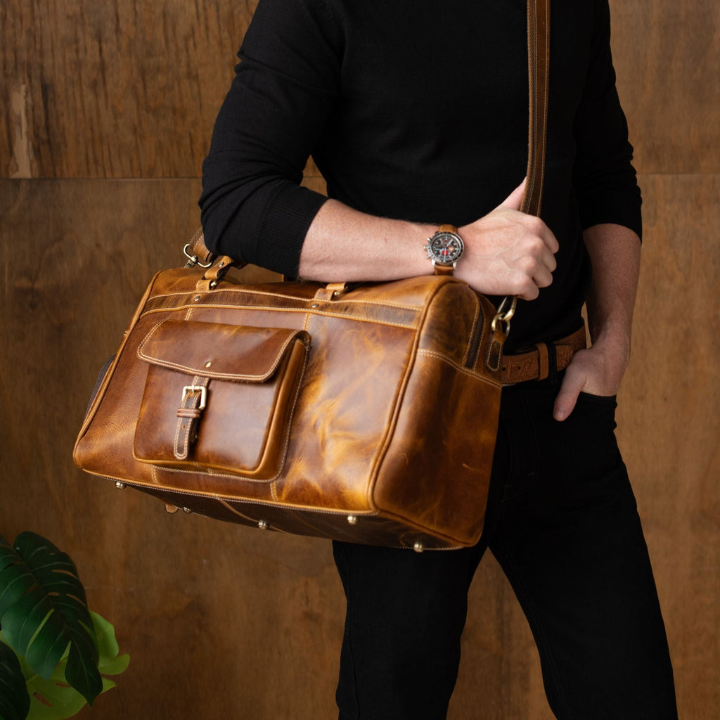 The Voyager Duffle - Cognac Full-Grain Distressed Leather Duffle Bag - Www.Shopthatapp.ca