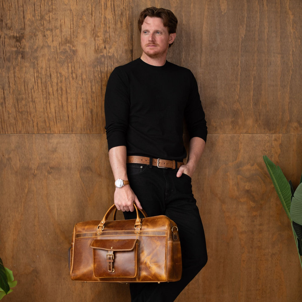 The Voyager Duffle - Cognac Full-Grain Distressed Leather Duffle Bag - Www.Shopthatapp.ca