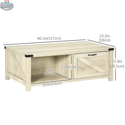 White oak Lowen Farmhouse coffee table with drawer and open storage shelf by SLOTH Nation, showcasing a sturdy furniture piece.