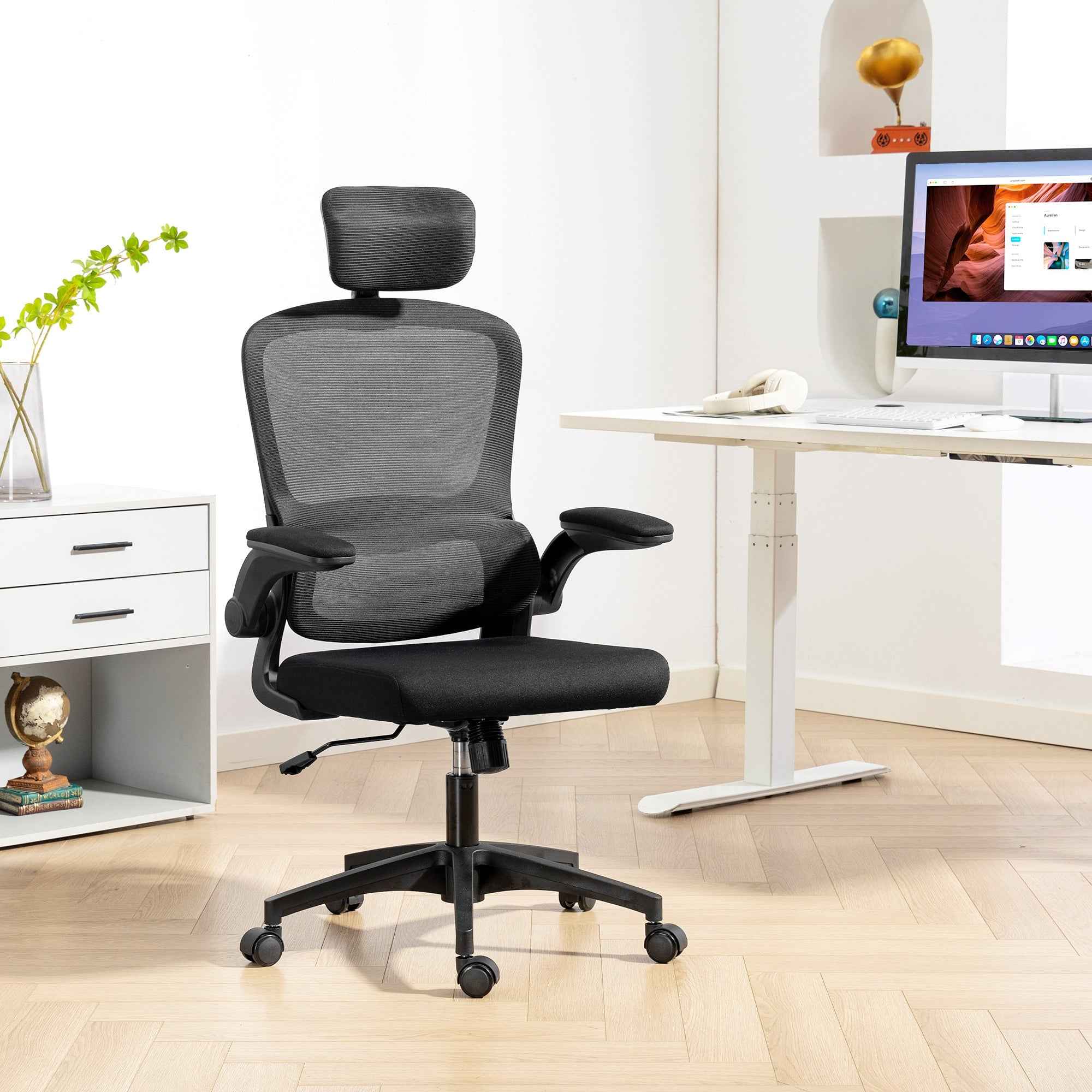 Owen Ergonomic Mesh Office Chair with High Back, Rotatable Headrest, Flip-Up Armrests and Lumbar Support-Black