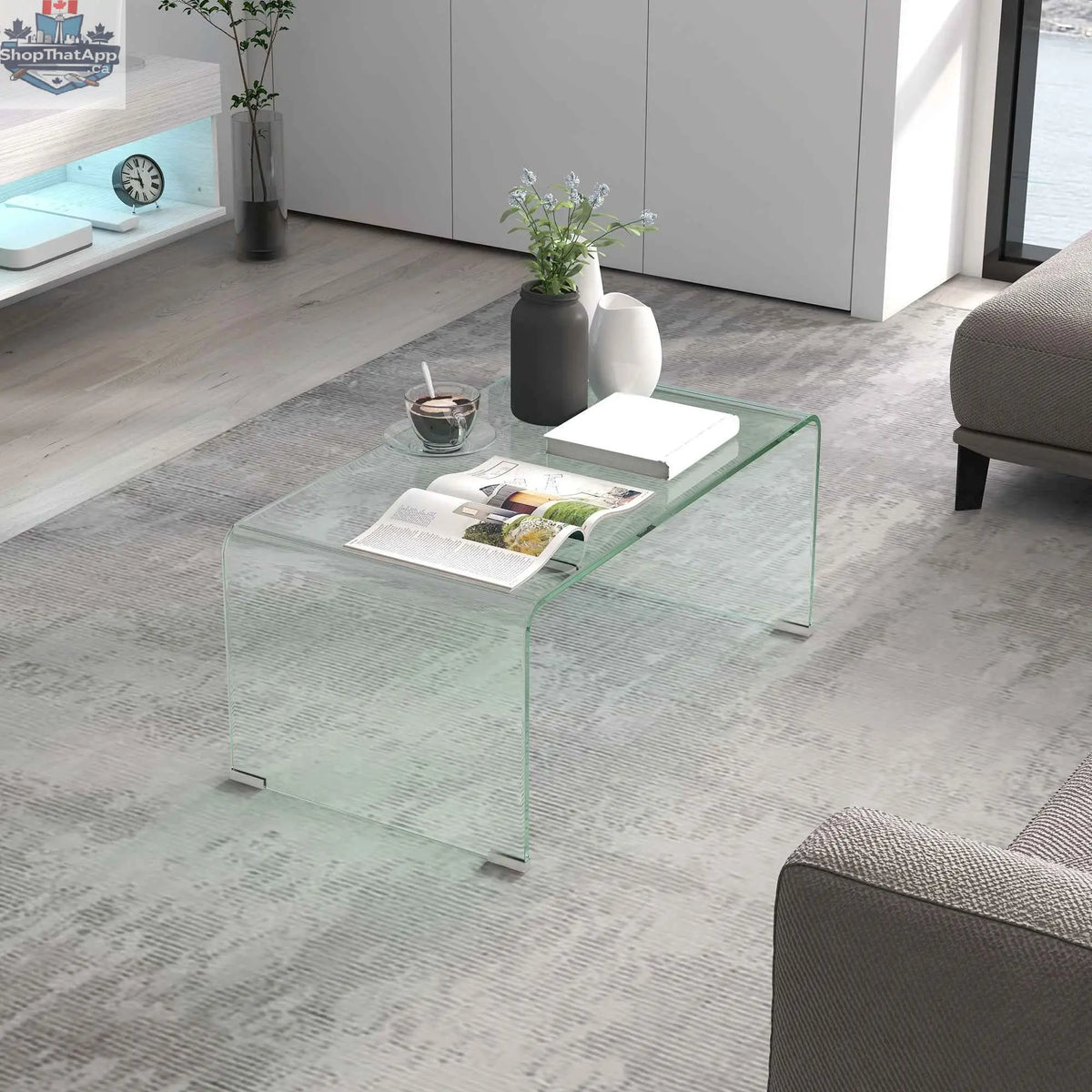 Sage Modern Glass Coffee Table with Rounded Edges by SLOTH Nation, showcasing a sleek glass surface and contemporary design.