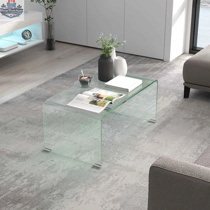 Sage Modern Glass Coffee Table with Rounded Edges by SLOTH Nation, showcasing a sleek glass surface and contemporary design.
