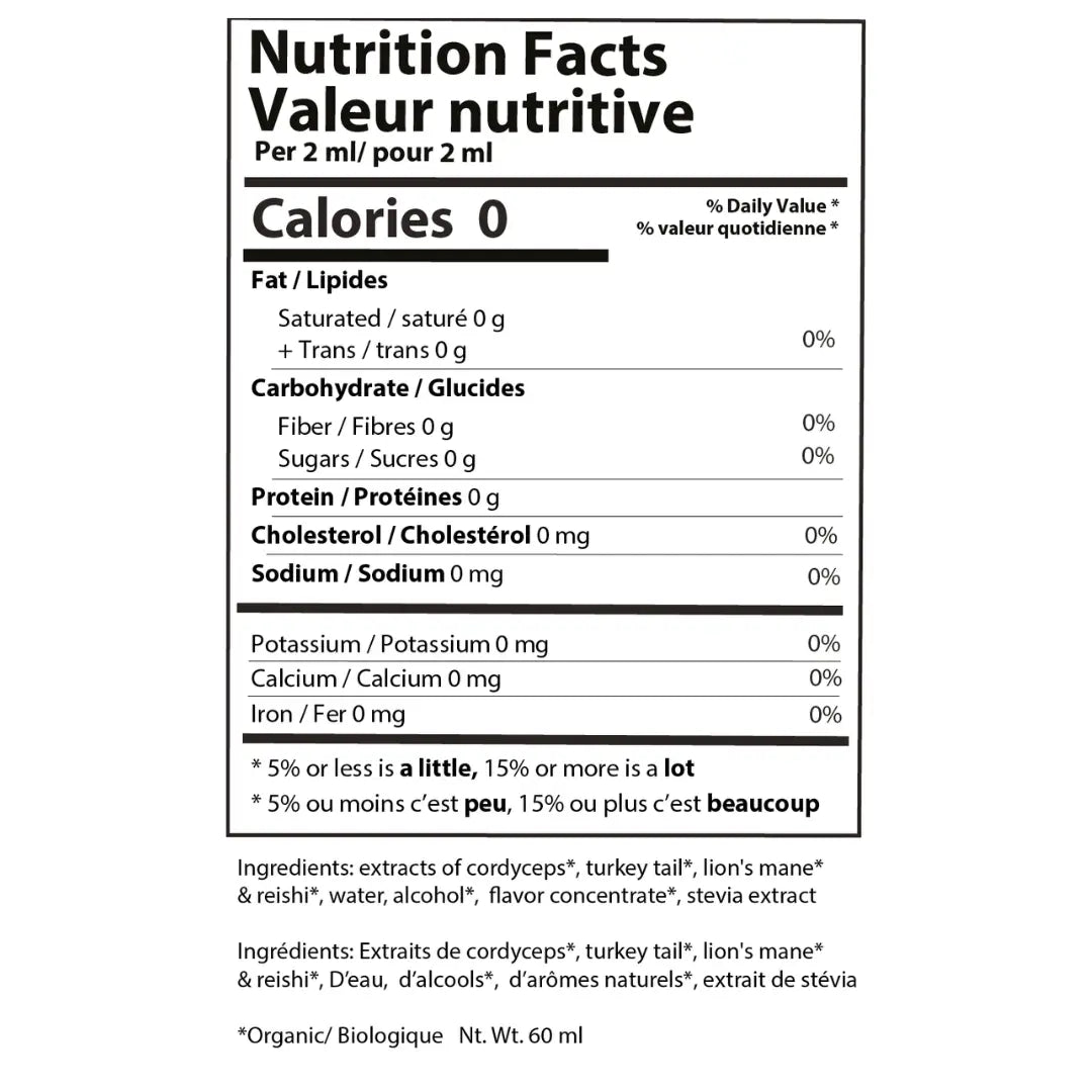 Nutrition facts for Shroom Soda® tincture by Ananda Elixirs, showing ingredients and nutritional information on the label.