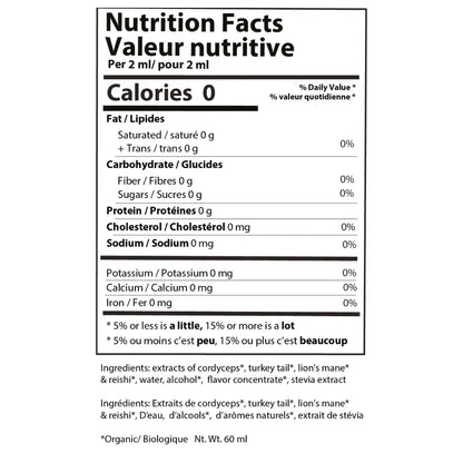 Nutrition facts for Shroom Soda® tincture by Ananda Elixirs, showing ingredients and nutritional information on the label.