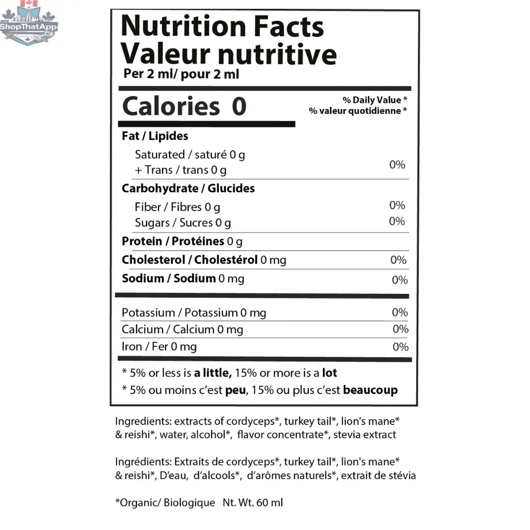 Nutrition facts label for Shroom Soda® tincture by Ananda Elixirs, showing ingredient and nutritional information.