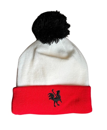 Red Rooster Golf Canada winter toque, cozy knit hat with logo, designed for warmth and style in cold weather.
