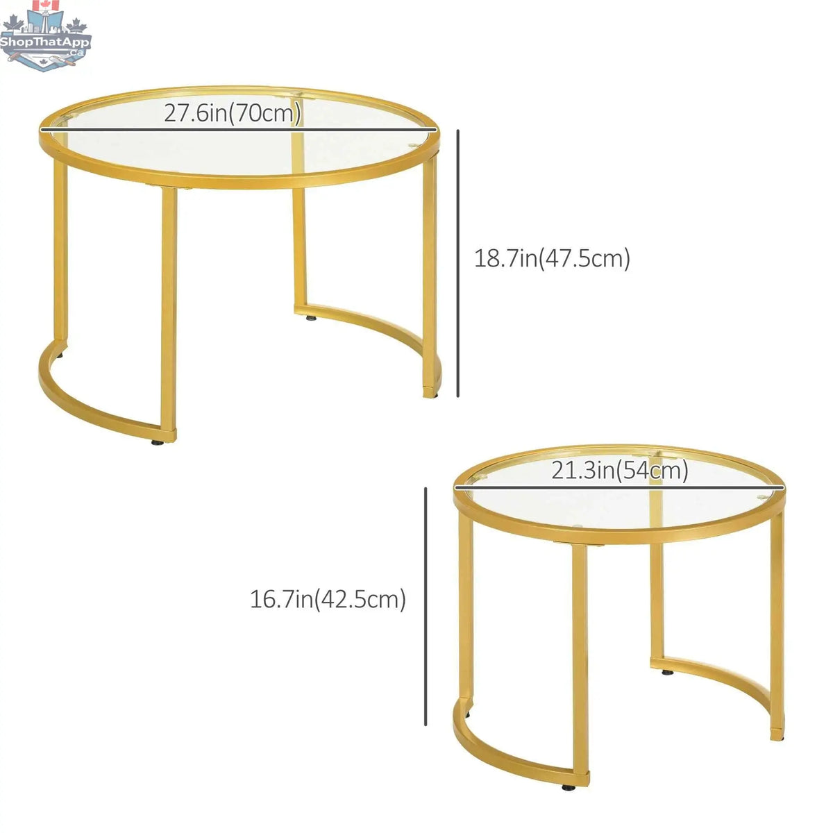 Modern nesting coffee tables by SLOTH Nation with tempered glass tops and gold finish, showcasing sleek contemporary furniture design.