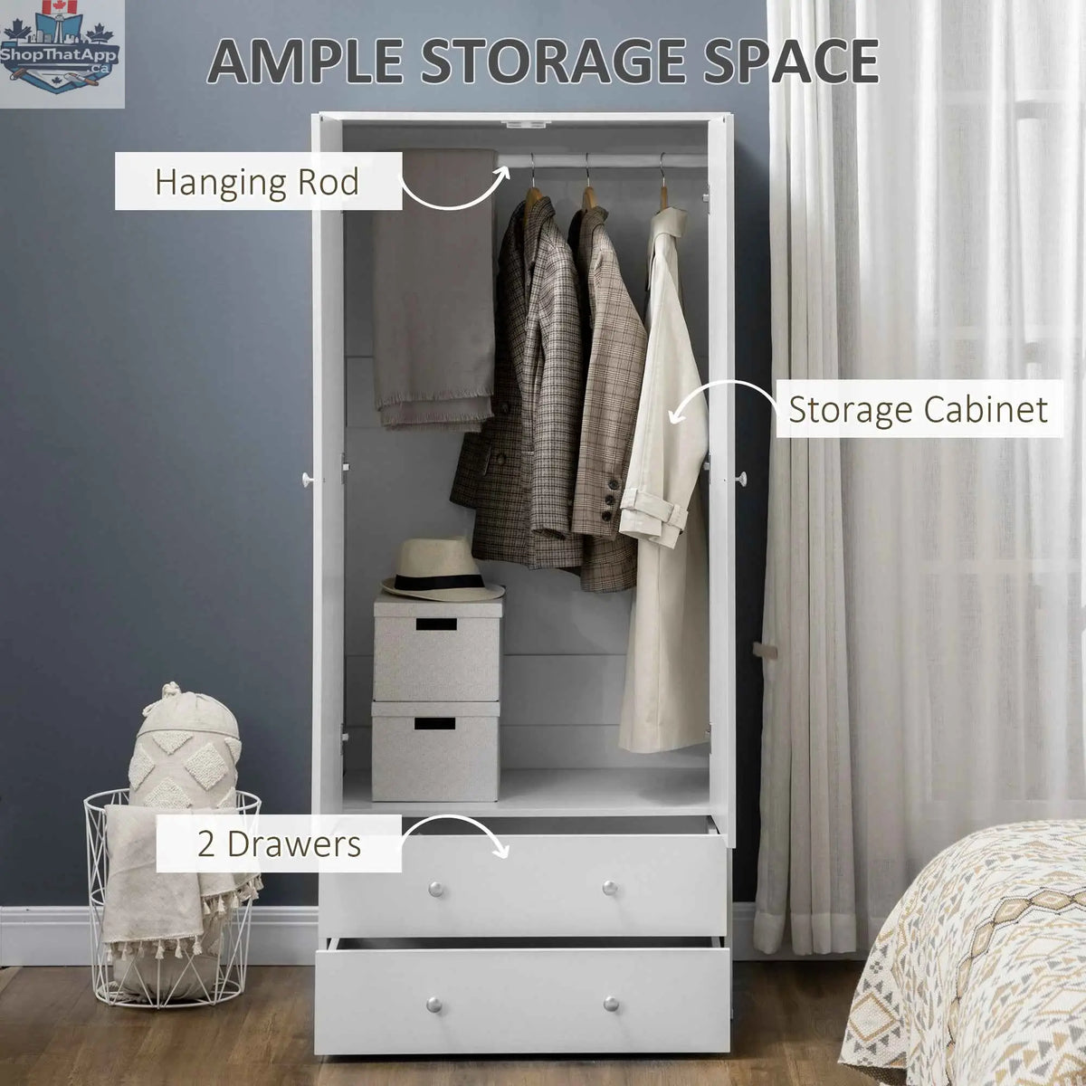 White Briar Modern Wardrobe by SLOTH Nation featuring two drawers and a hanging rod for bedroom storage.