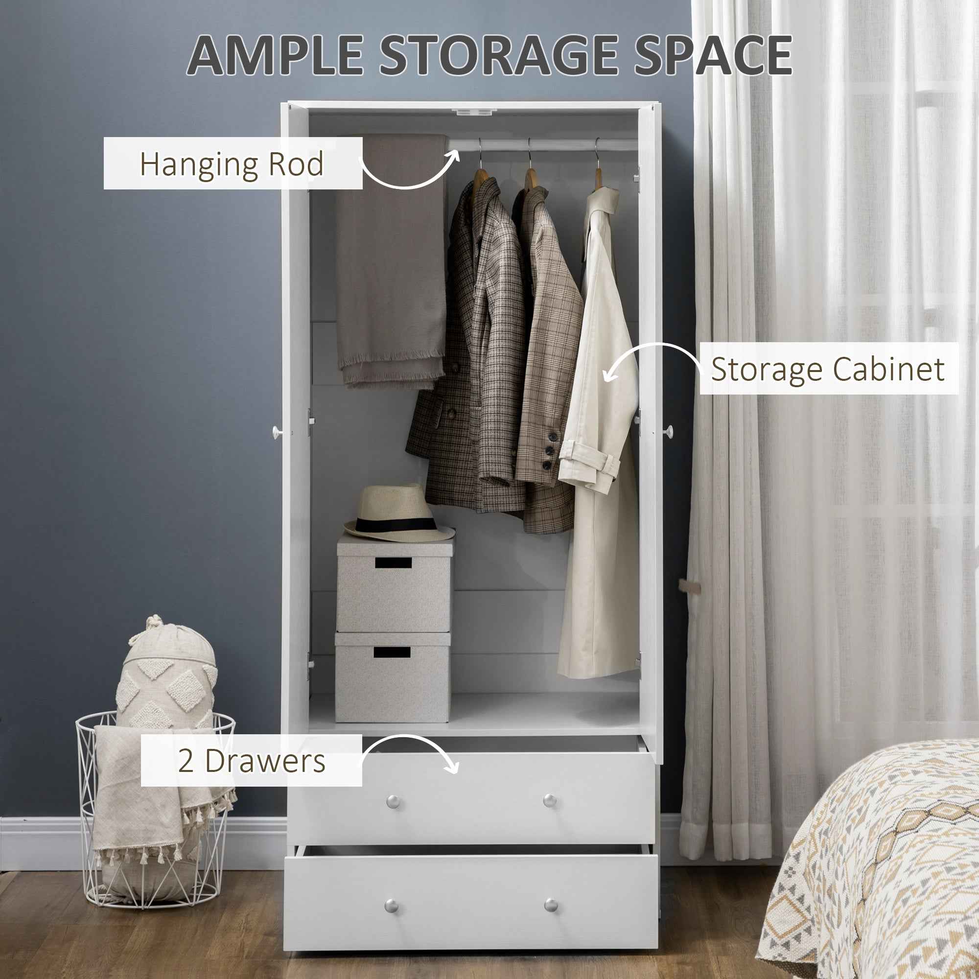 Briar Modern Wardrobe Closet with 2 Drawers and Hanging Rod-White