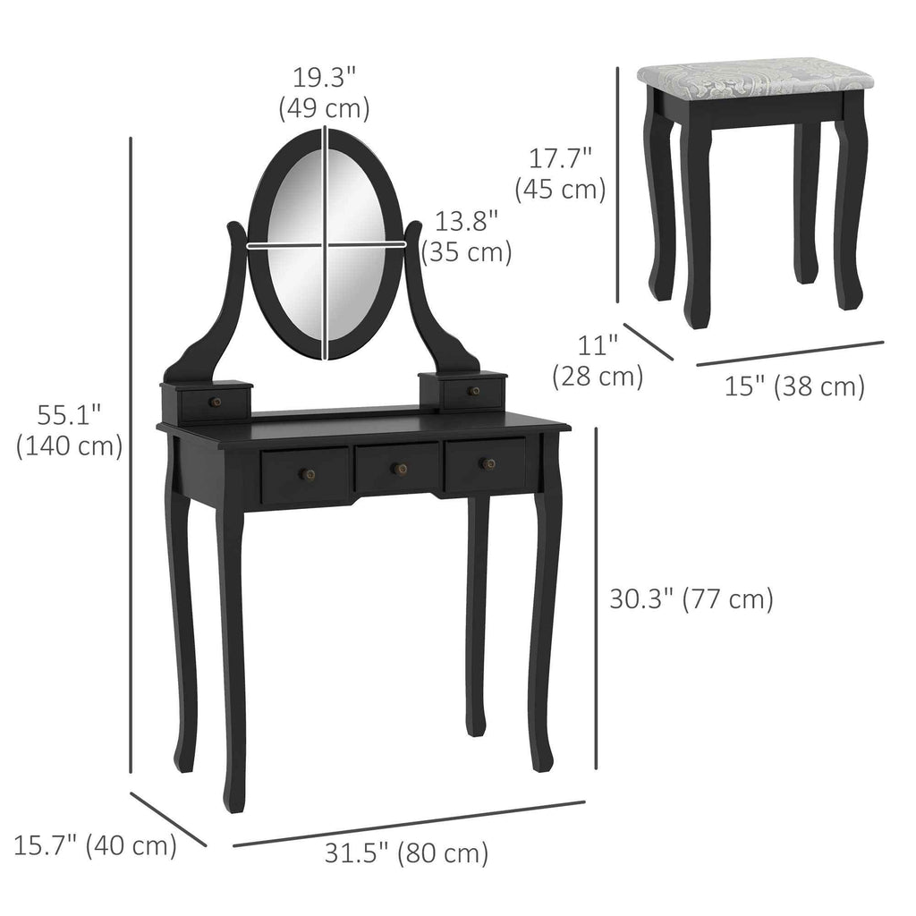 Emma Vanity Desk with Padded Stool and 360° Rotating Oval Mirror-Black