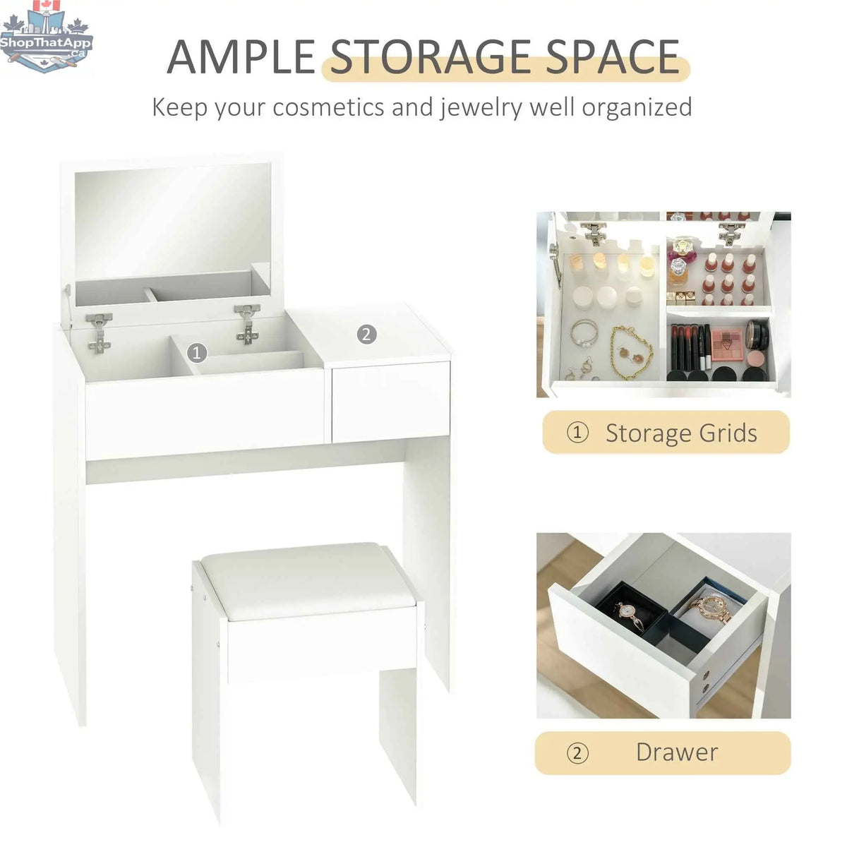 White Mia Modern Vanity Set with flip top mirror, bedroom furniture from SLOTH Nation featuring sleek design and spacious surface.