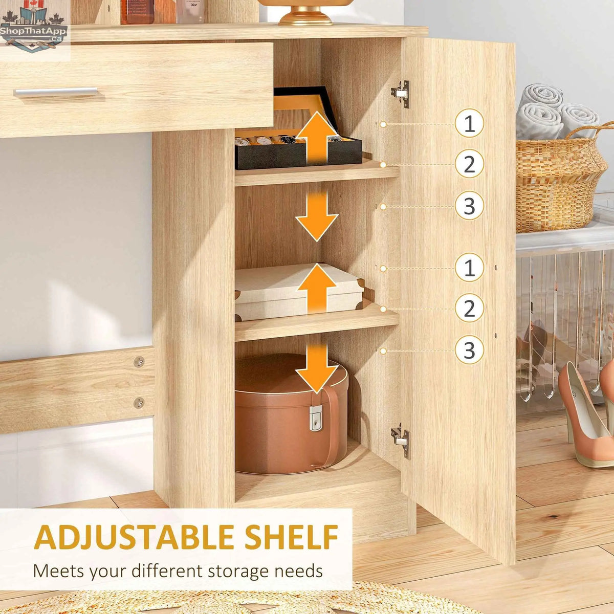 SLOTH Nation Evelyn Vanity Desk with mirror and adjustable shelves, bedroom furniture piece with a sleek wooden finish