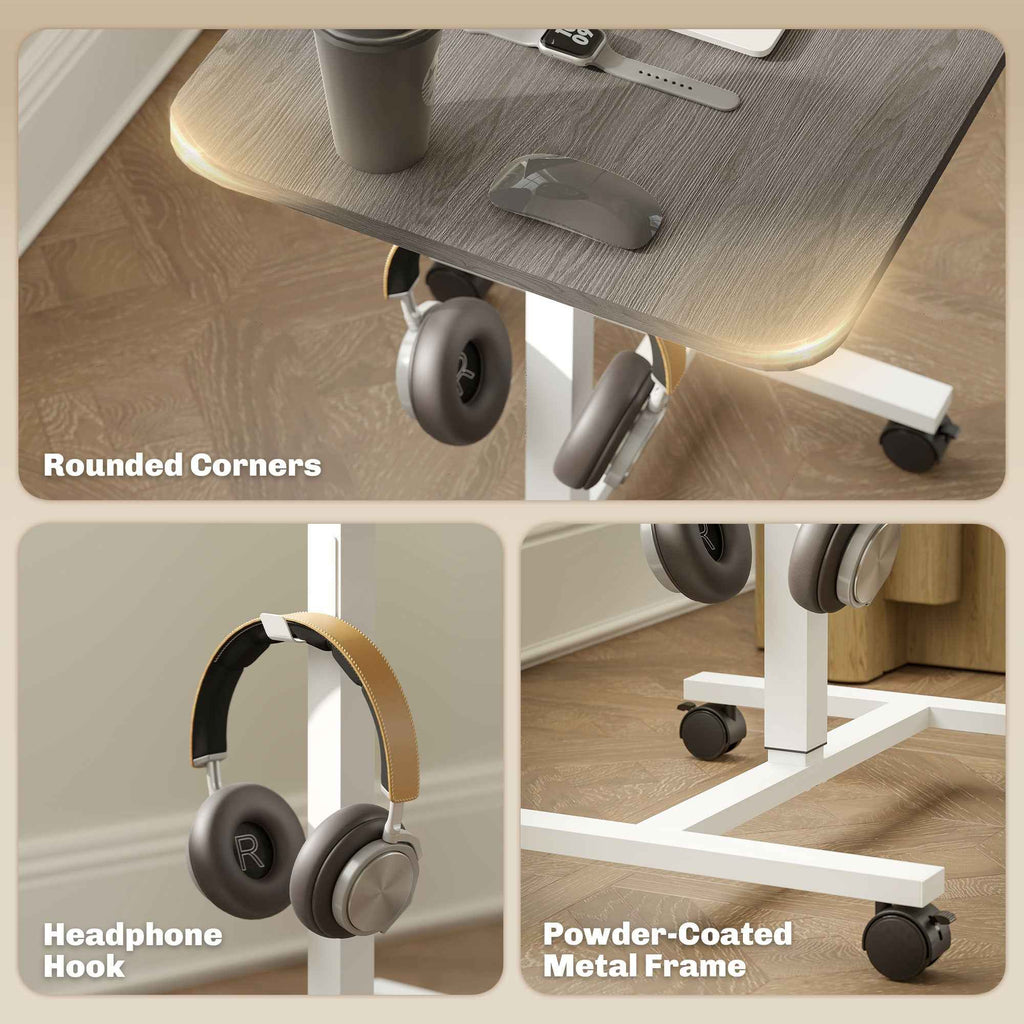 Eden Height Adjustable Standing Desk with Wheels and Headphone Hook-Grey