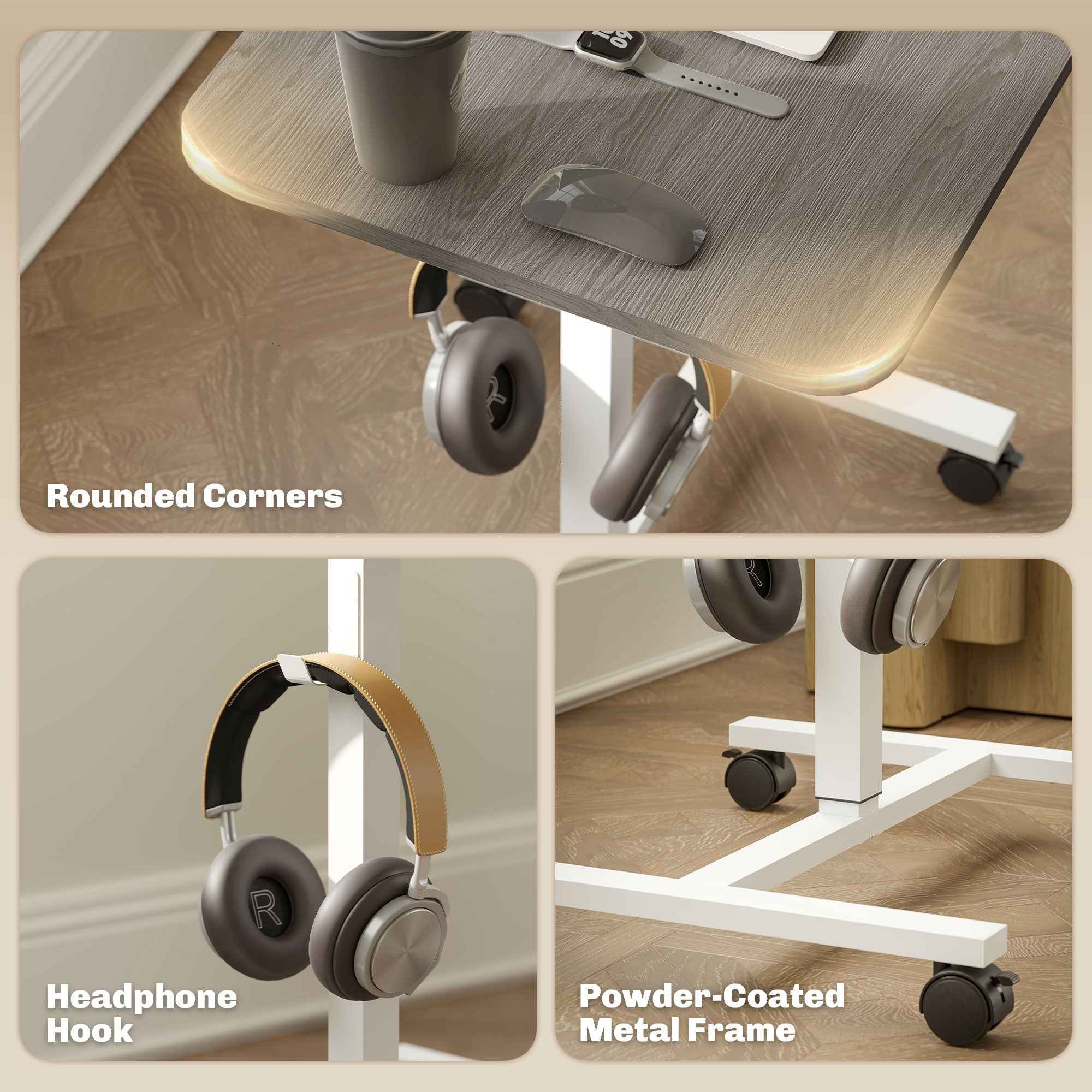 Eden Height Adjustable Standing Desk with Wheels and Headphone Hook-Grey