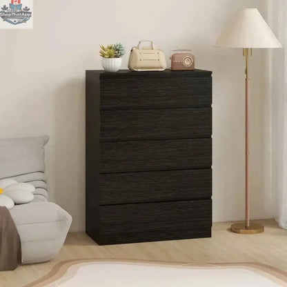Black Ali Chest with 5 drawers, bedroom furniture by SLOTH Nation, suitable for bedroom and closet storage.