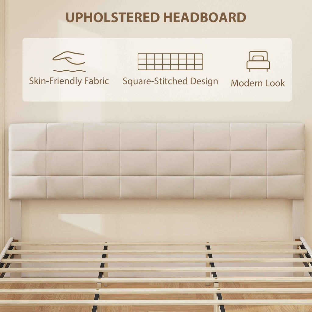 Harper King Size Bed Frame with Upholstered Headboard-Cream White