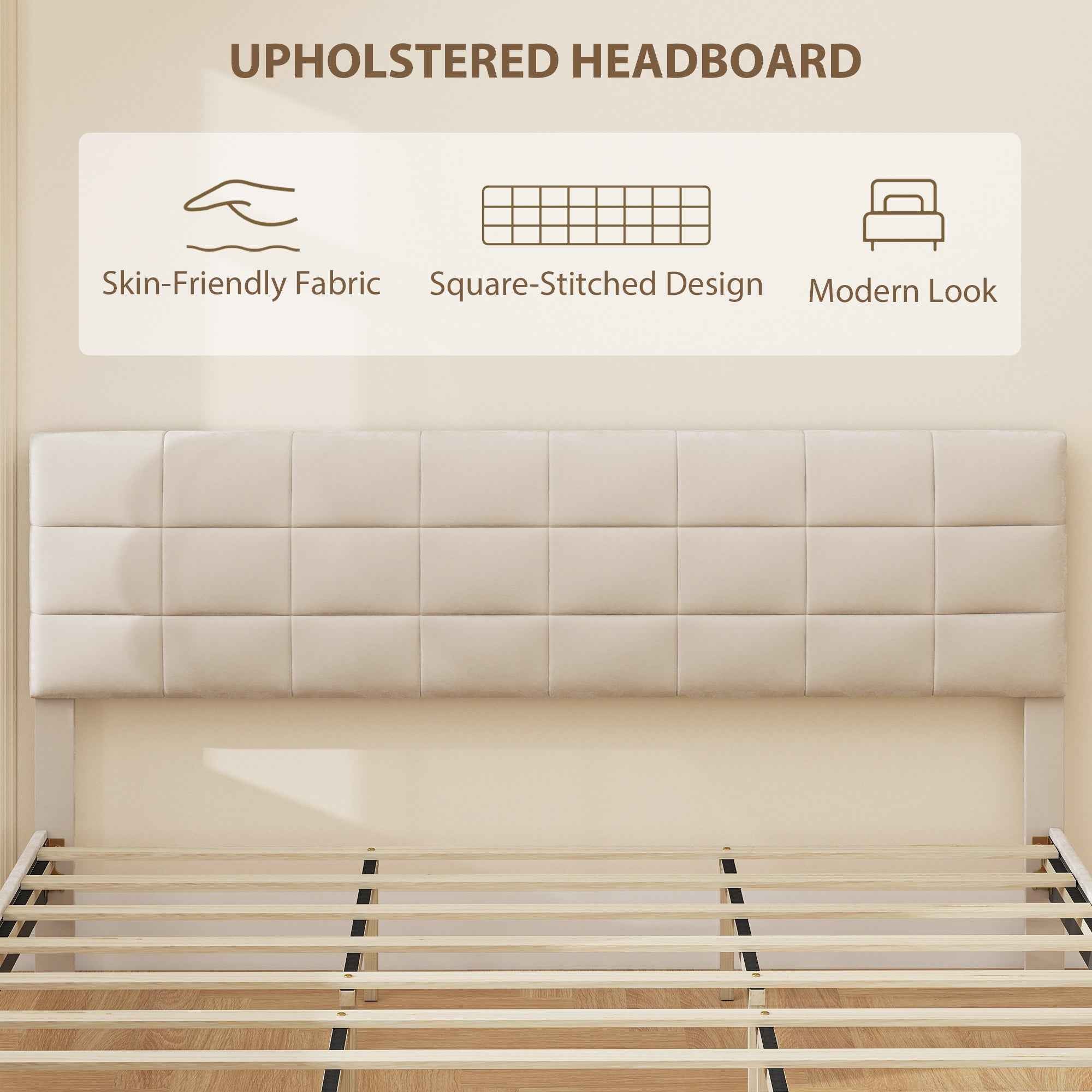 Harper King Size Bed Frame with Upholstered Headboard-Cream White
